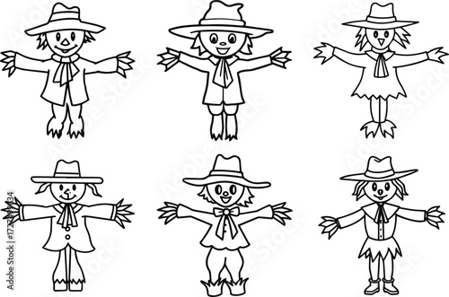 Set of Cute scarecrow outline vector for kids coloring