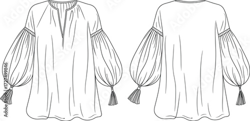 Technical fashion sketch, puff sleeve blouse, round neckline, front slit, tassel cuffs, loose fit, front and back view, vector illustration