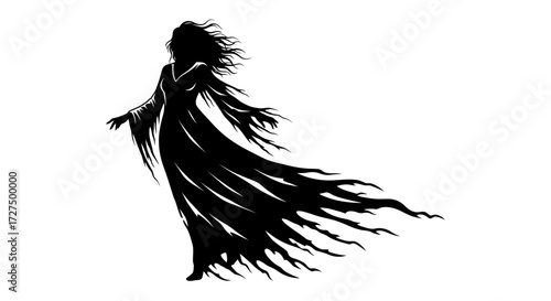 Silhouette of a spectral woman in a tattered flowing gown