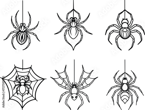 Set of Spider hanging on web outline vector drawing