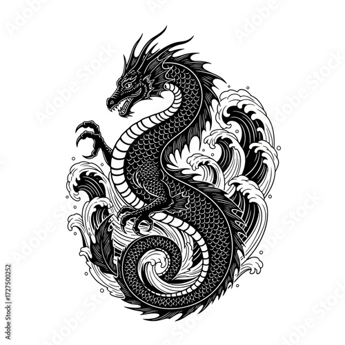 Black and white dragon with stylized waves in japanese art style