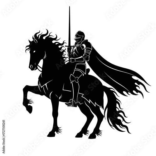 Silhouette of a knight in armor on a rearing horse holding a sword