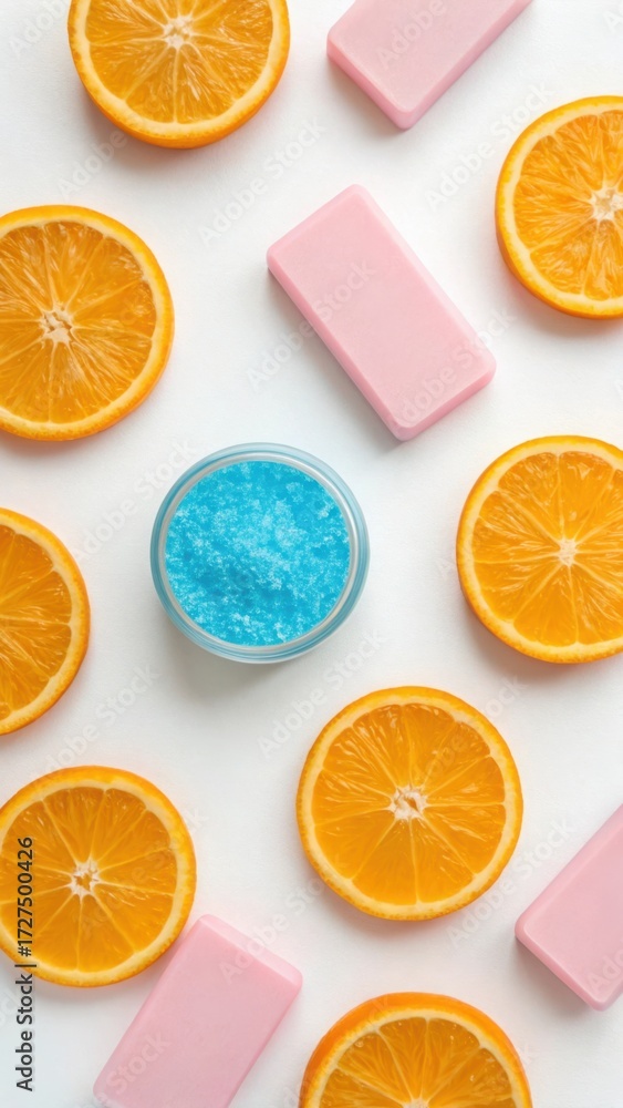 Fototapeta premium Orange slices, soap bars, and bath salt on white background isolated on white background