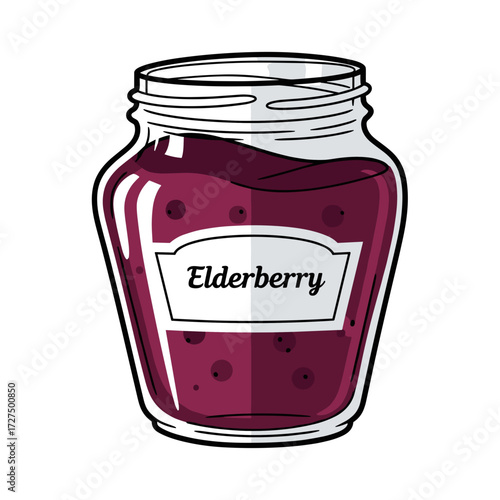 Vector Illustration of Elderberry Jam Jar with Label and Lid.