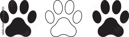 Stylized paw print trio, solid and outlined animal tracks, black vector icons, pet footprint symbols, isolated graphic design elements for branding