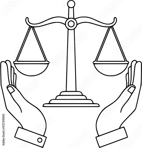 Justice scales in hands icon vector, law and order symbol, legal system, equality and fairness concept icon
