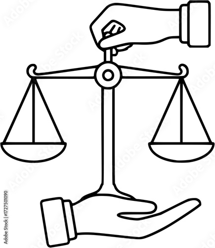 Justice scales in hands icon vector, law and order symbol, legal system, equality and fairness concept icon
