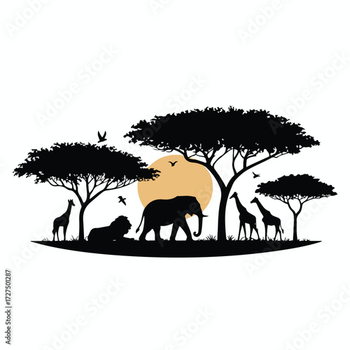 Black silhouettes of elephants and wild animals stand against an orange sunset sky over the savanna landscape