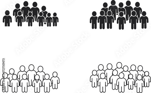 Stylized human figure groups, increasing population icons, black and white silhouettes, demographic data visuals, vector people symbols, isolated infographic design elements