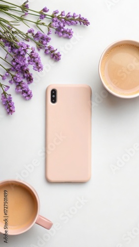 Phone case mockup with lavender flowers and coffee cups isolated on white background for branding