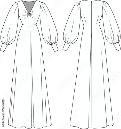 Elegant flat vector illustration of women's full-length dress with puff sleeves, V-neckline, gathered front bodice, fitted waist, fashion sketch