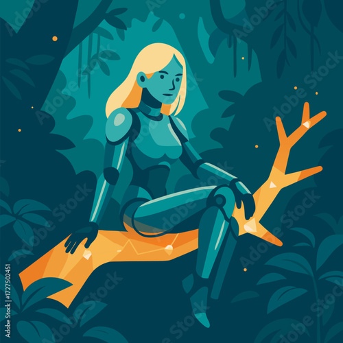 Girl In Cloak Reaching Toward Deer In Moonlit Forest With Quiet Night Palette And Calm Storybook Mood
