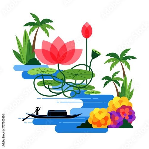 Vibrant flat vector illustration of an Asian river scene with a boatman pink lotus flowers and tropical palm trees.