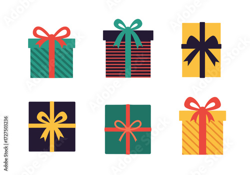 Collection of six beautifully decorated gift boxes with ribbons.