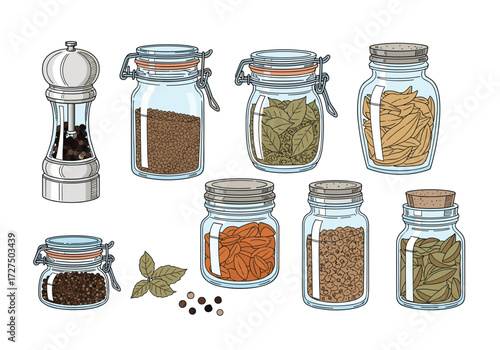 Collection of assorted spices in glass jars and a pepper grinder.