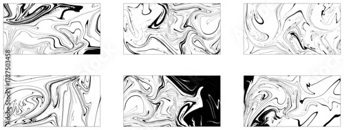 Set of abstract backgrounds. Ink marbling textures. Black and white. Hand drawn marble illustrations, ebru aqua paper and silk prints. Traditional Turkish ebru technique. Painting on white background.