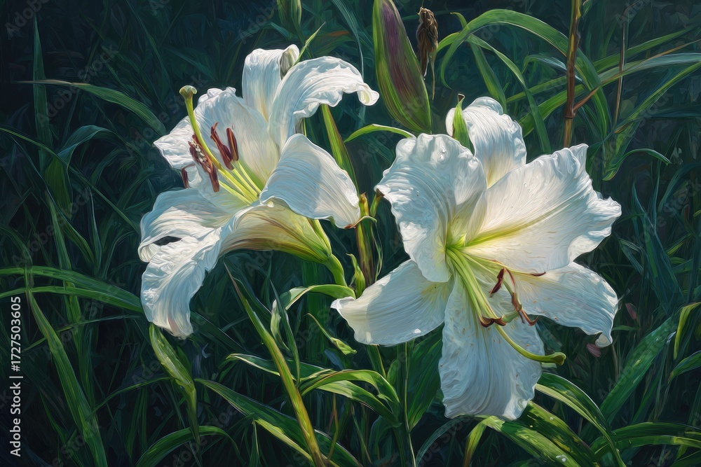 Obraz premium Two white lilies in a garden setting