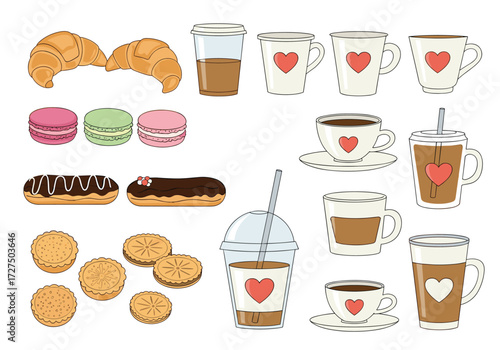 Collection of sweet pastries and coffee drinks with heart motifs.