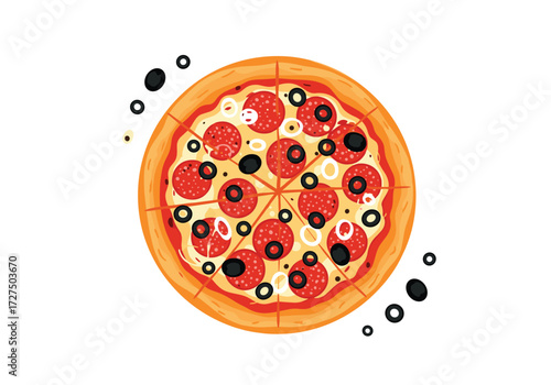 Delicious pepperoni and black olive pizza on a white background.