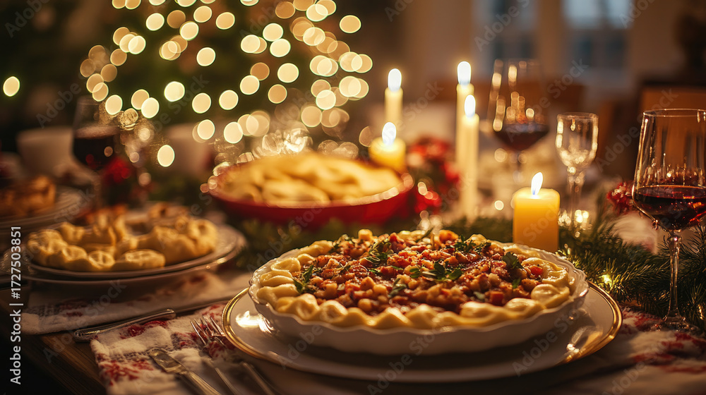 Fototapeta premium Traditional Polish Christmas table with makowiec cake centerpiece, glowing candles, borscht and pierogi in background creating warm festive family dinner atmosphere