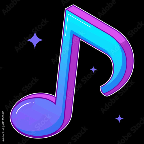 A vibrant blue and purple eighth note symbol with sparkling stars on a black background, representing music and melody