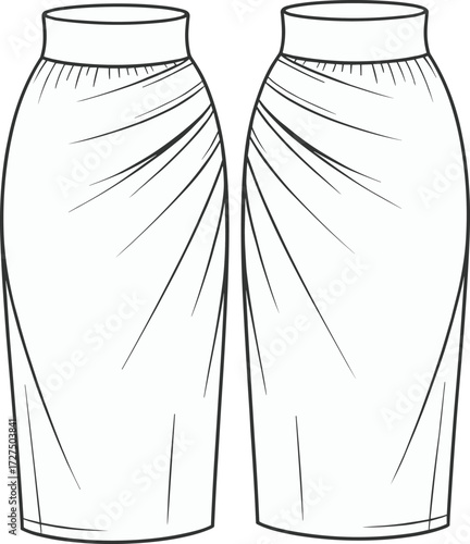 Elegant high-waisted pencil skirt with draped detailing, fitted silhouette, stylish design, fashion garment flat sketch, vector drawing, CAD illustration