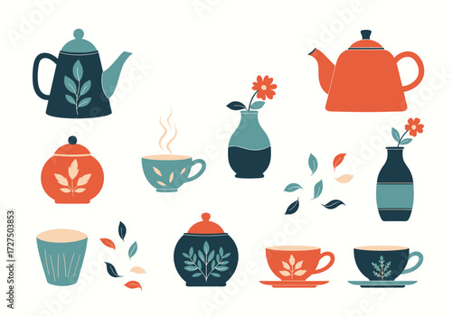 A collection of teapots cups and vases with floral designs.