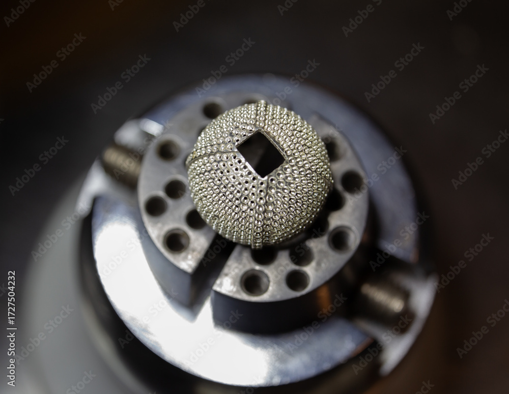 Obraz premium Intricate metal design on a manufacturing tool showcasing craftsmanship during the production process