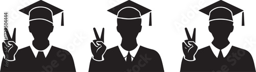 3 black vector icons of male students in graduation caps showing the peace sign with their fingers, against a white background