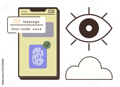 Smartphone displaying fingerprint authentication and verification code, with eye and cloud icons. Ideal for cybersecurity, privacy, tech, authentication, biometrics, online access, cloud computing