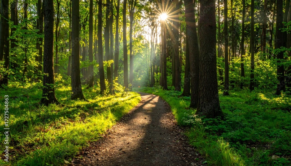 Obraz premium Forest Path Sunlight Green Woods, Nature Trail, Woodland Scenery