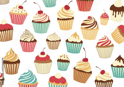 A sweet collection of delicious cupcakes with delightful frosting and cherry toppings.