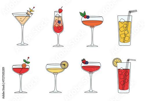 A collection of eight delightful and colorful assorted cocktails.
