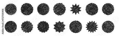 Hand drawn crayon grainy star badges  label set. Abstract grunge texture shapes. Vector  EPS 10