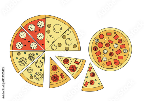 Variety of sliced pizza and whole pizza with different toppings.