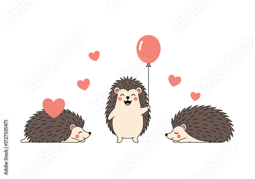Three cute hedgehogs with pink hearts and a balloon.