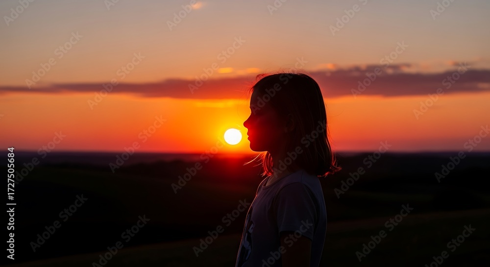 Fototapeta premium Silhouette of a girl gazing at the vibrant sunset, lost in thought.