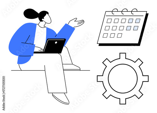 Woman using a laptop and gesturing toward a calendar and gear, representing multitasking and productivity. Ideal for planning, organization, teamwork, time management, scheduling, workflow, simple