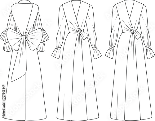 Elegant long dress flat sketch, front and back view CAD drawing, vector fashion illustration with puff sleeves and large bow detail
