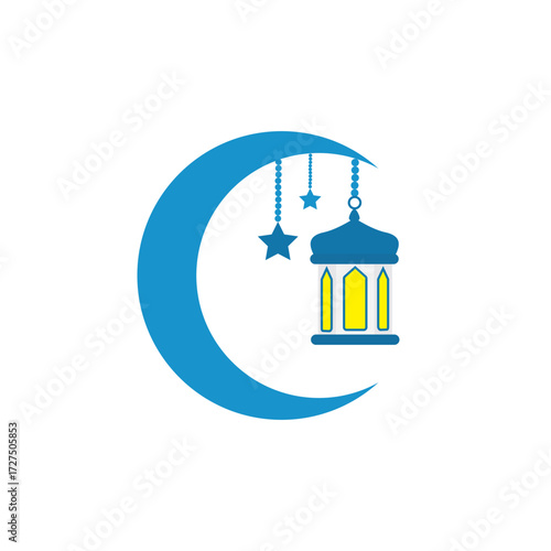 Ramadan kareem moon with lamps hanging and stars
