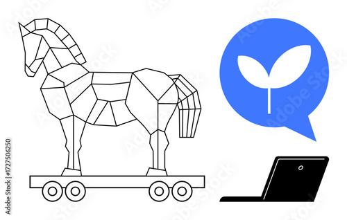 Geometric Trojan horse, black laptop, and leaf inside blue speech bubble. Ideal for cybersecurity, sustainability, innovation, eco-tech, digital threats, environment simple flat metaphor