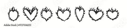 Hand drawn crayon grainy y2k heart in flame elements set. Abstract grunge texture shapes. Vector  EPS 10