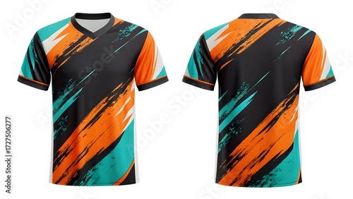 Front and back view of a blank sports t-shirt jersey mockup featuring a dynamic abstract brush stroke design for custom apparel branding