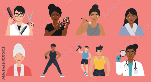 Eight diverse people representing various professions and activities against a pink background