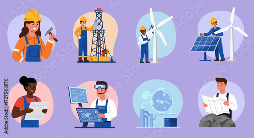 Eight vignettes showing diverse workers in energy and engineering sectors