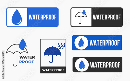 Vector art of set of waterproof labels and icons these designs feature water drops and umbrellas, symbolizing protection against water and moisture