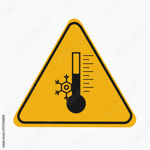 Vector art of warning sign of low temperature the yellow triangle features a thermometer with a low reading, indicating a potential danger due to extreme cold