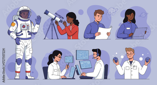 Illustration of diverse people in space and science roles