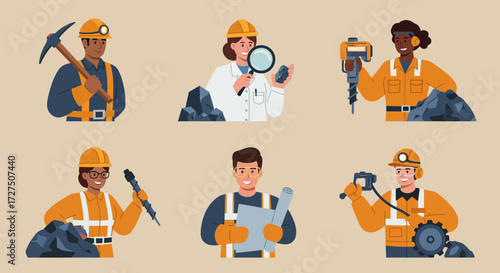 Six diverse mining workers and professionals depicted in flat illustration style