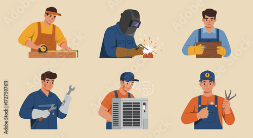 Six illustrations of male manual laborers performing various skilled trades